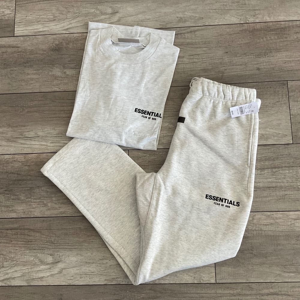 Fear of God Essentials T-Shirt Sweatpants Set Mens Large Light Oatmeal NEW Tag